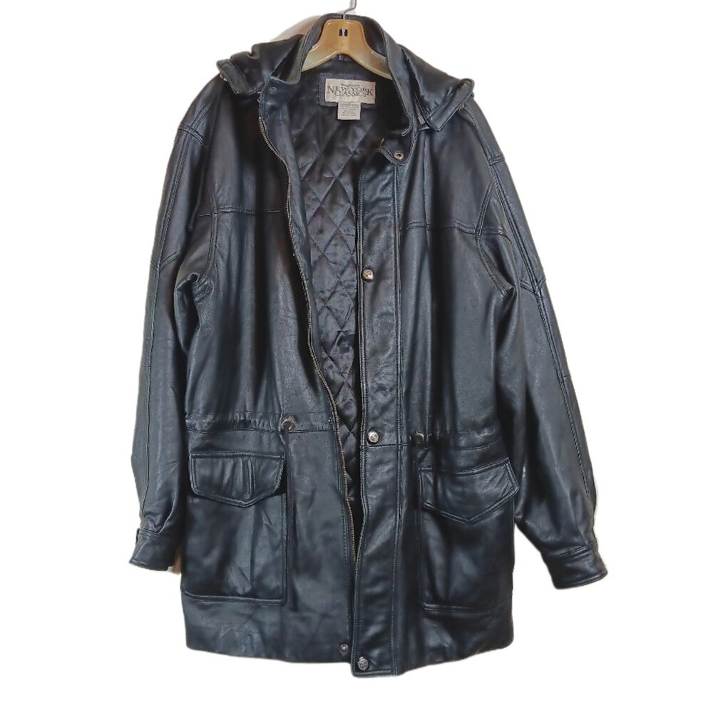 New York Classics Leather Jacket Women’s M Black Vtg 90s Y2K Hooded Parka Coat